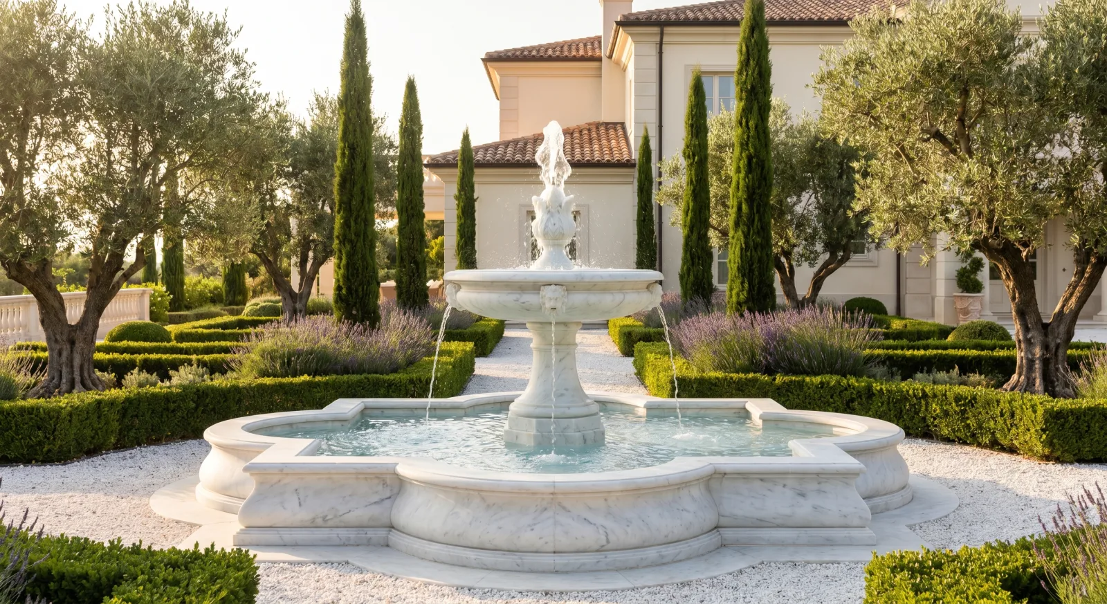 Fontaine décorative en marbre dans un jardin méditerranéen