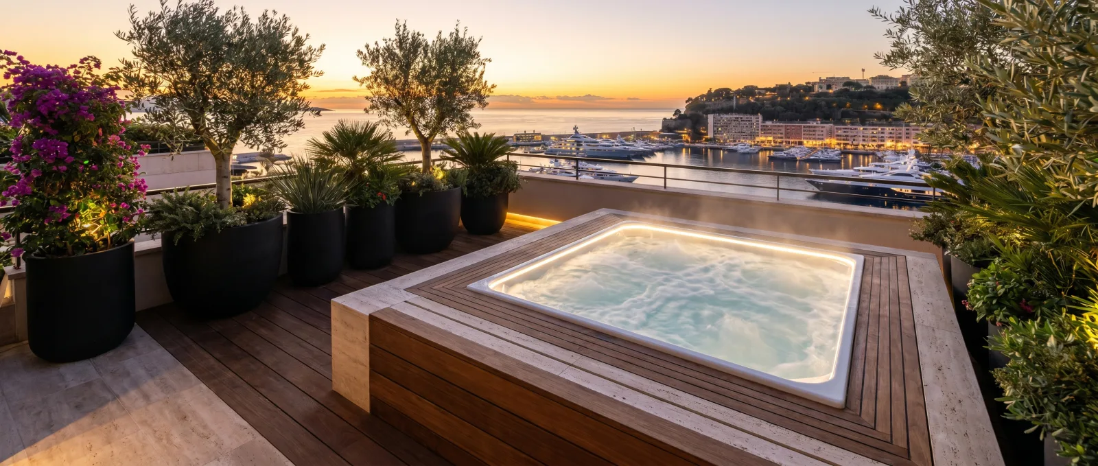 Jacuzzi privé sur terrasse de Monte-Carlo au crépuscule