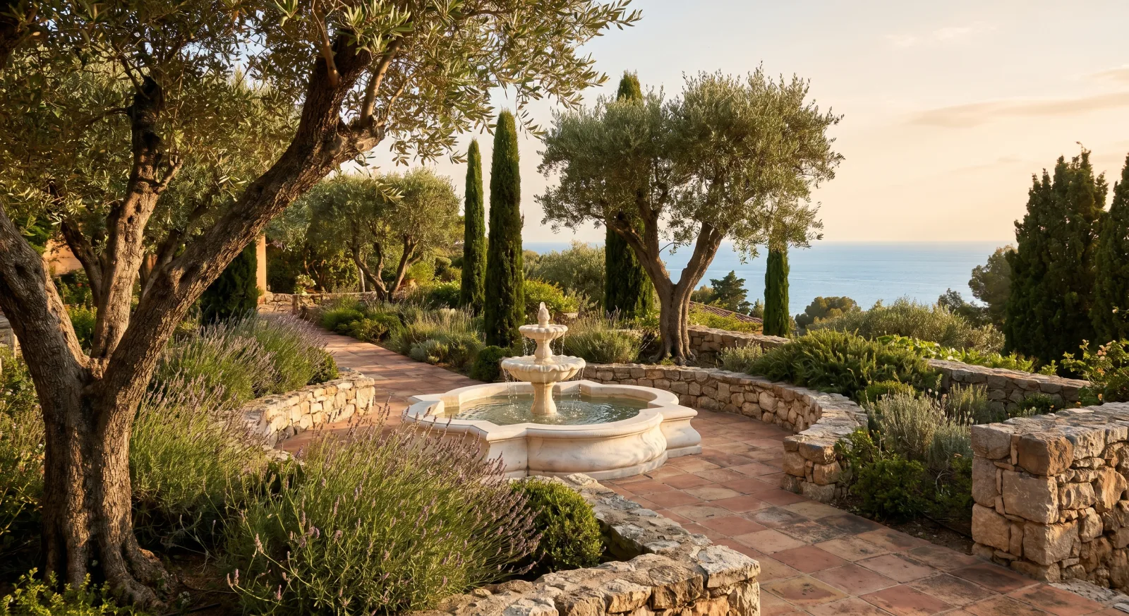 Fontaine en pierre dans un jardin méditerranéen de villa Cap-Martin