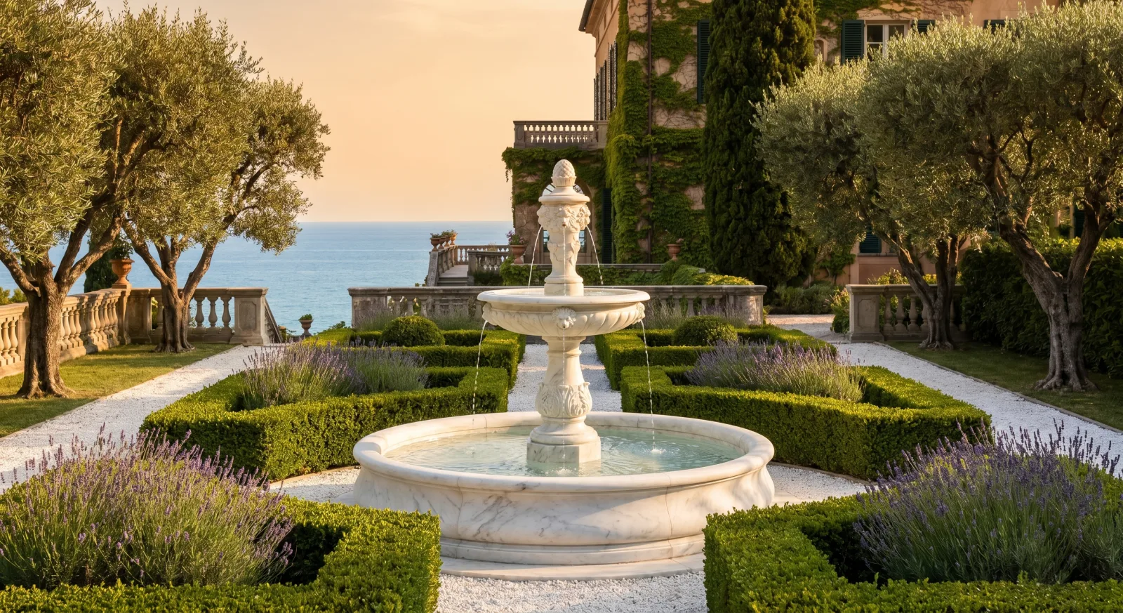 Fontaine décorative en marbre dans un jardin formel de villa Cap-Ferrat